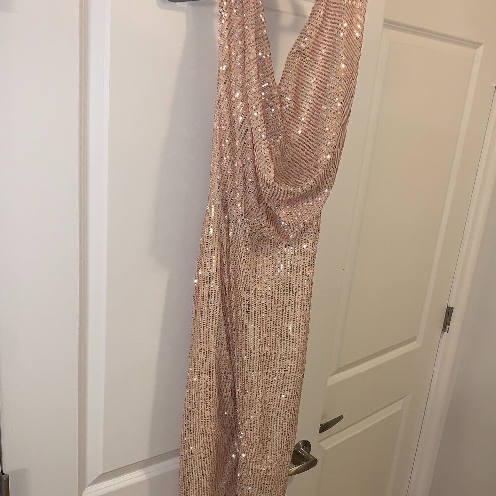 Sparkly Sequin Halter Cowl Neck Wide Leg Backless Jumpsuit